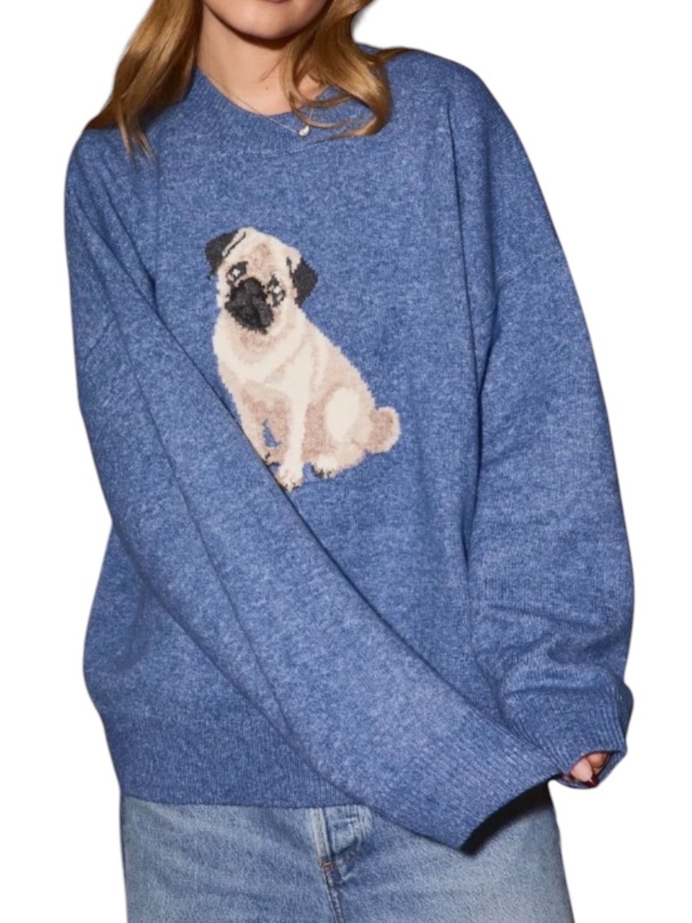 🆕 Boutique Oversized Dusty Blue Pug Dog Sweater - Women’s Medium